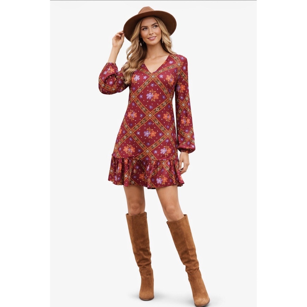 SuZ California Boho Floral Mini Dress Womens S Red Long Sleeve 70s Cottagecore